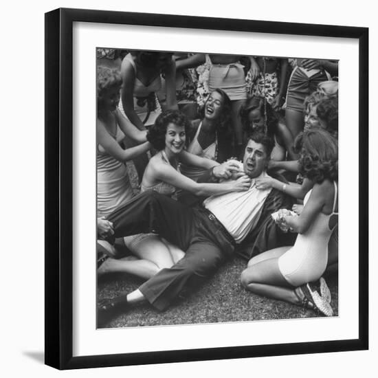 Contest Judge Ken Murray Being Wrestled to the Ground by Contestants in Beauty Pageant-Peter Stackpole-Framed Photographic Print