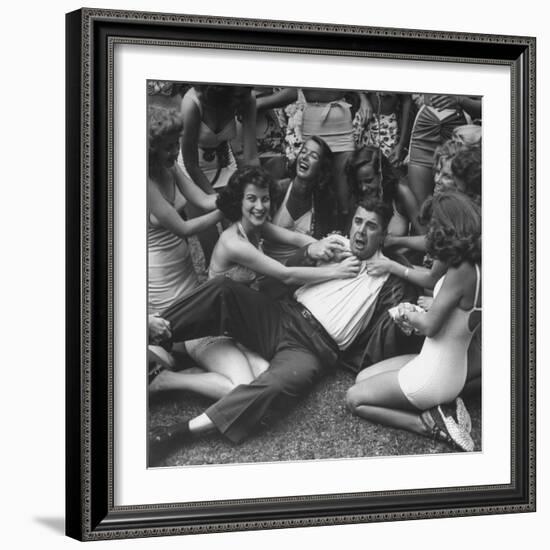 Contest Judge Ken Murray Being Wrestled to the Ground by Contestants in Beauty Pageant-Peter Stackpole-Framed Photographic Print