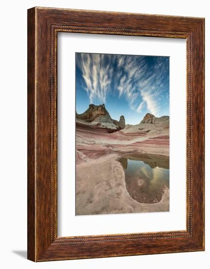 Contrail, Pool reflection and sandstone landscape, Vermillion Cliffs, White Pocket wilderness, Bure-Howie Garber-Framed Photographic Print