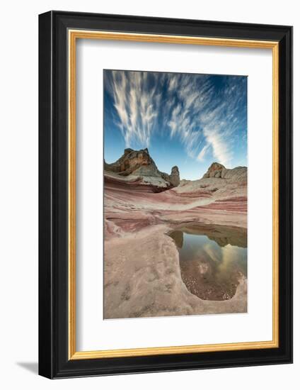 Contrail, Pool reflection and sandstone landscape, Vermillion Cliffs, White Pocket wilderness, Bure-Howie Garber-Framed Photographic Print