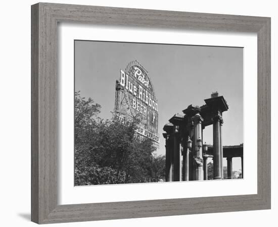 Contrast of Classical Columns with Pabst Blue Ribbon Electrical Sign-Walker Evans-Framed Photographic Print