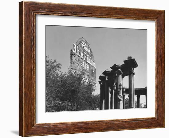 Contrast of Classical Columns with Pabst Blue Ribbon Electrical Sign-Walker Evans-Framed Photographic Print