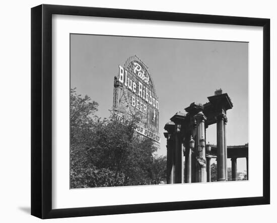 Contrast of Classical Columns with Pabst Blue Ribbon Electrical Sign-Walker Evans-Framed Photographic Print