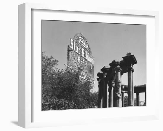 Contrast of Classical Columns with Pabst Blue Ribbon Electrical Sign-Walker Evans-Framed Photographic Print