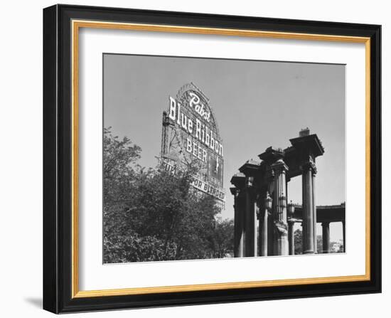 Contrast of Classical Columns with Pabst Blue Ribbon Electrical Sign-Walker Evans-Framed Photographic Print