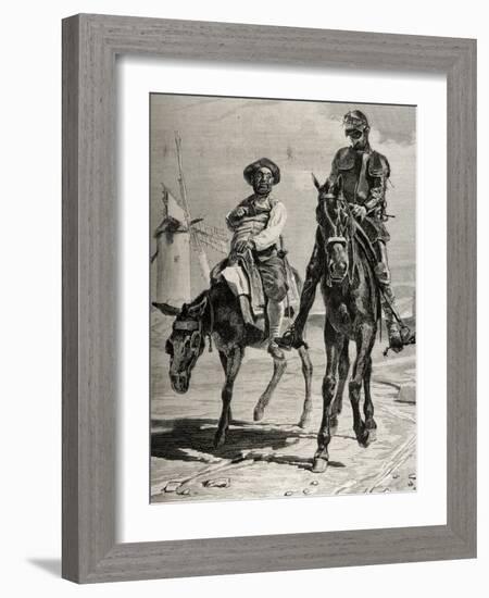 Conversation Between Don Quixote and Sancho Panza after the Adventure of the Windmills. Engraving-null-Framed Giclee Print