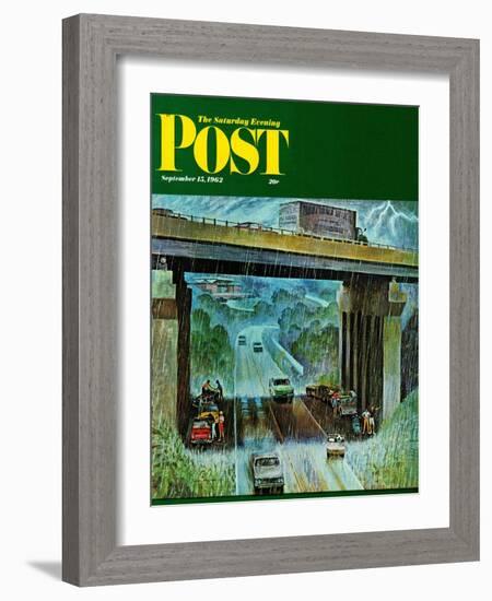 "Convertibles Take Cover in Rain," Saturday Evening Post Cover, September 15, 1962-John Falter-Framed Giclee Print