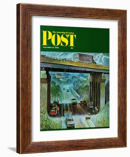 "Convertibles Take Cover in Rain," Saturday Evening Post Cover, September 15, 1962-John Falter-Framed Giclee Print