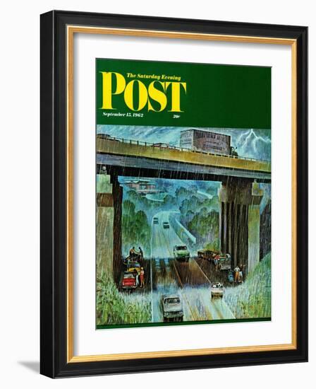 "Convertibles Take Cover in Rain," Saturday Evening Post Cover, September 15, 1962-John Falter-Framed Giclee Print