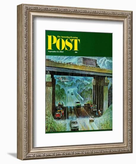 "Convertibles Take Cover in Rain," Saturday Evening Post Cover, September 15, 1962-John Falter-Framed Giclee Print