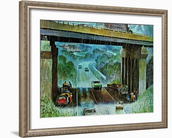 "Convertibles Take Cover in Rain," September 15, 1962-John Falter-Framed Giclee Print