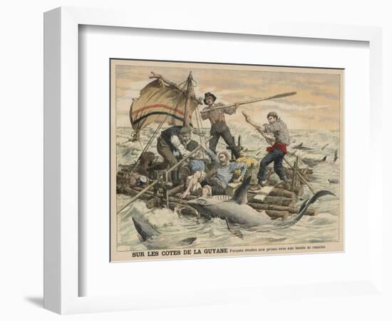 Convicted Robber Eddie Guerin Escaping from Devil's Island with Fellow-Cons Meets Sharks off Guyana-null-Framed Art Print