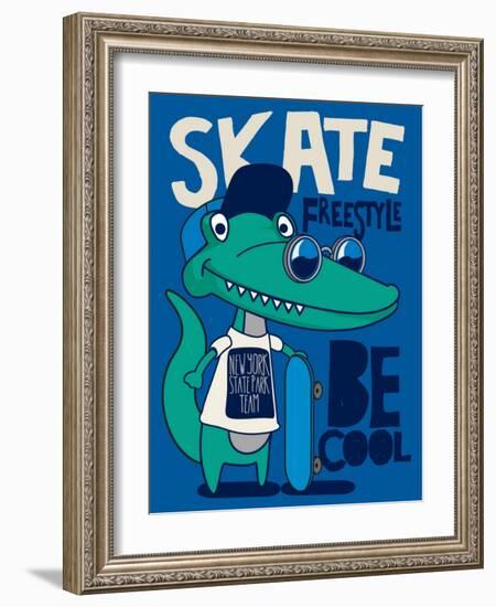 Cool, Cute Monster Crocodiles Character. Skate, Skateboard-braingraph-Framed Art Print