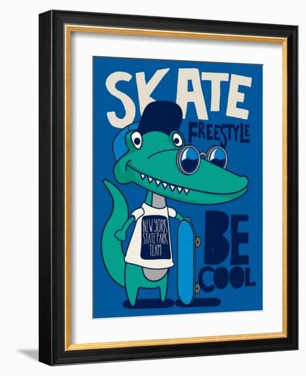 Cool, Cute Monster Crocodiles Character. Skate, Skateboard-braingraph-Framed Art Print