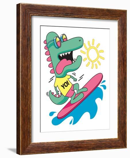 Cool, Cute Monster Crocodiles Character. Surfer, Surf, Surfboard-braingraph-Framed Art Print