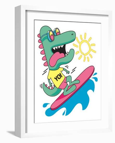 Cool, Cute Monster Crocodiles Character. Surfer, Surf, Surfboard-braingraph-Framed Art Print
