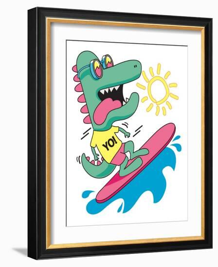 Cool, Cute Monster Crocodiles Character. Surfer, Surf, Surfboard-braingraph-Framed Art Print