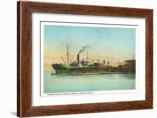 Coos Bay, Oregon - Ships Loading Lumber Scene-Lantern Press-Framed Art Print