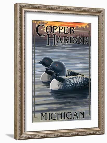 Copper Harbor, Michigan - Loon Family-Lantern Press-Framed Art Print