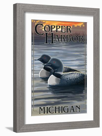 Copper Harbor, Michigan - Loon Family-Lantern Press-Framed Art Print