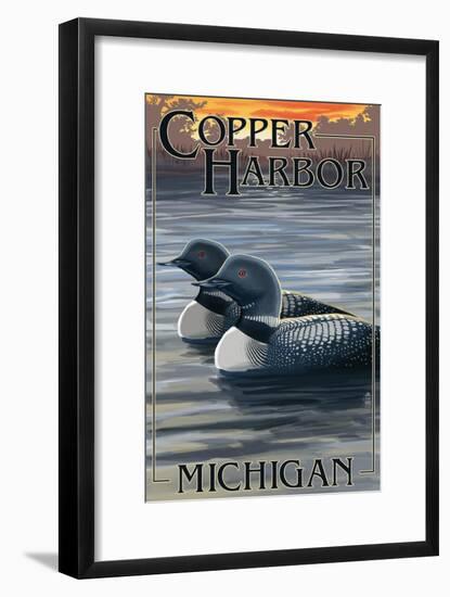 Copper Harbor, Michigan - Loon Family-Lantern Press-Framed Art Print