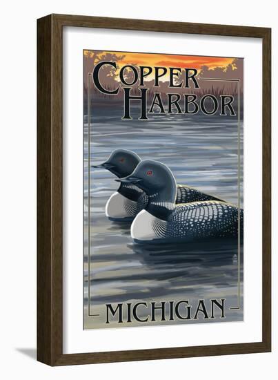 Copper Harbor, Michigan - Loon Family-Lantern Press-Framed Art Print