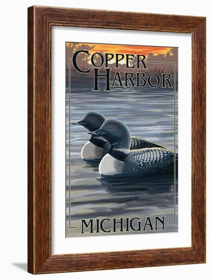 Copper Harbor, Michigan - Loon Family-Lantern Press-Framed Art Print