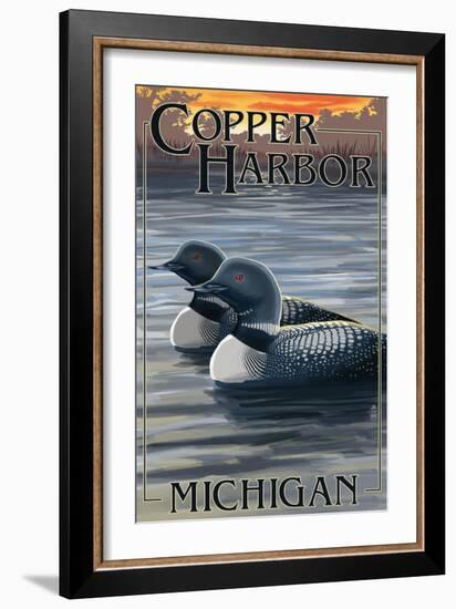 Copper Harbor, Michigan - Loon Family-Lantern Press-Framed Art Print