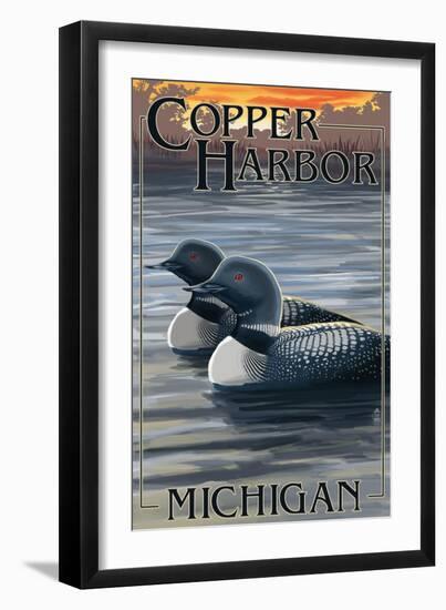 Copper Harbor, Michigan - Loon Family-Lantern Press-Framed Art Print