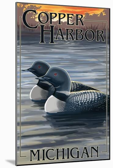 Copper Harbor, Michigan - Loon Family-Lantern Press-Mounted Art Print