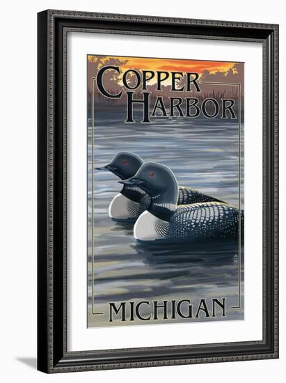 Copper Harbor, Michigan - Loon Family-Lantern Press-Framed Art Print