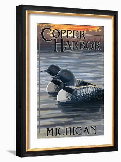 Copper Harbor, Michigan - Loon Family-Lantern Press-Framed Art Print