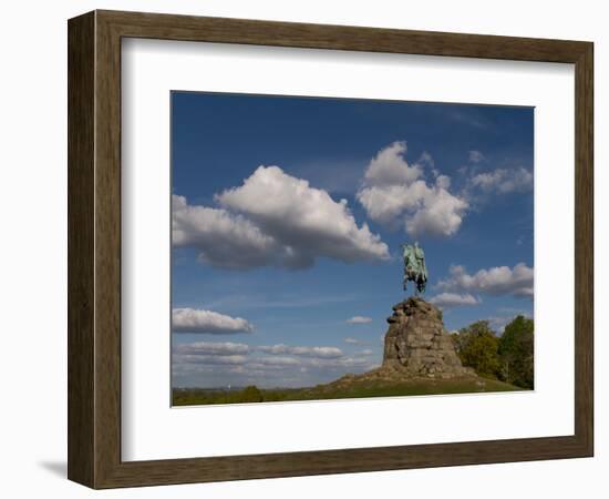 Copper horseman statue stands on Long Walk at opposite end of Windsor Castle, Berkshire-Charles Bowman-Framed Photographic Print