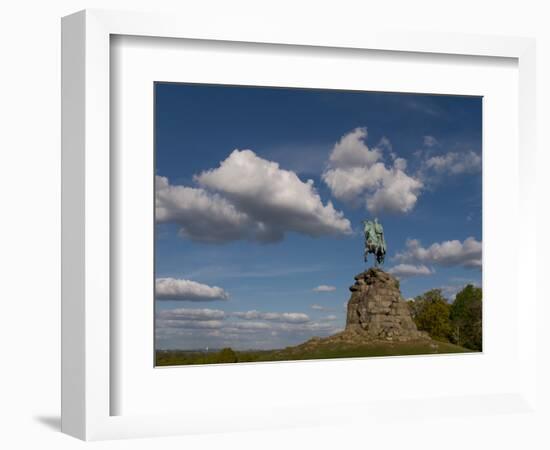 Copper horseman statue stands on Long Walk at opposite end of Windsor Castle, Berkshire-Charles Bowman-Framed Photographic Print