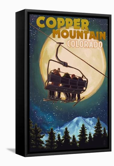 Copper Mountain, Colorado - Ski Lift and Full Moon-Lantern Press-Framed Stretched Canvas