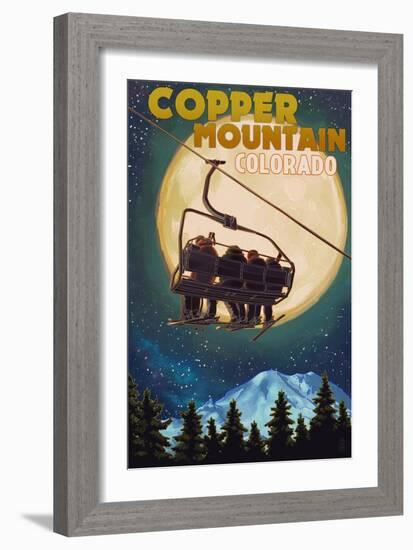 Copper Mountain, Colorado - Ski Lift and Full Moon-Lantern Press-Framed Premium Giclee Print