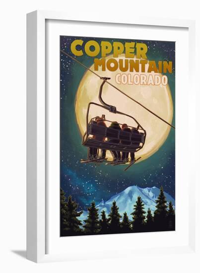 Copper Mountain, Colorado - Ski Lift and Full Moon-Lantern Press-Framed Premium Giclee Print