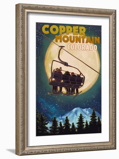 Copper Mountain, Colorado - Ski Lift and Full Moon-Lantern Press-Framed Art Print