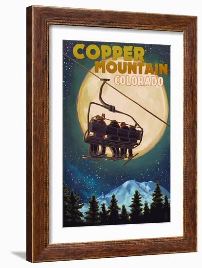 Copper Mountain, Colorado - Ski Lift and Full Moon-Lantern Press-Framed Art Print