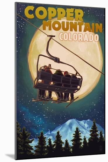 Copper Mountain, Colorado - Ski Lift and Full Moon-Lantern Press-Mounted Art Print