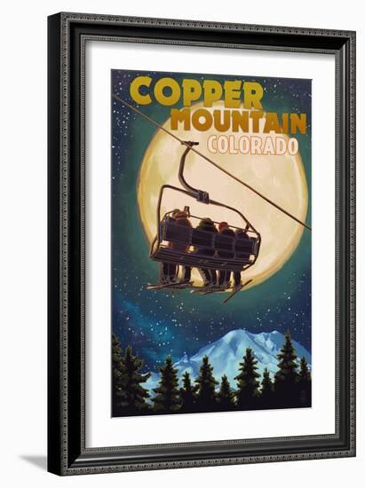 Copper Mountain, Colorado - Ski Lift and Full Moon-Lantern Press-Framed Art Print