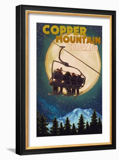 Copper Mountain, Colorado - Ski Lift and Full Moon-Lantern Press-Framed Art Print