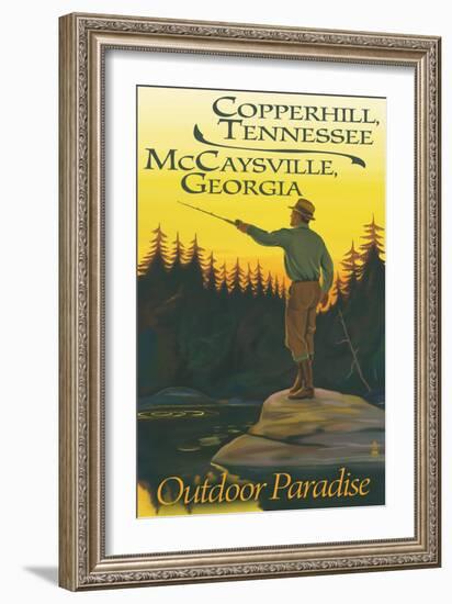 Copperhill, TN and McCaysville, GA - Fisherman Scene-Lantern Press-Framed Art Print