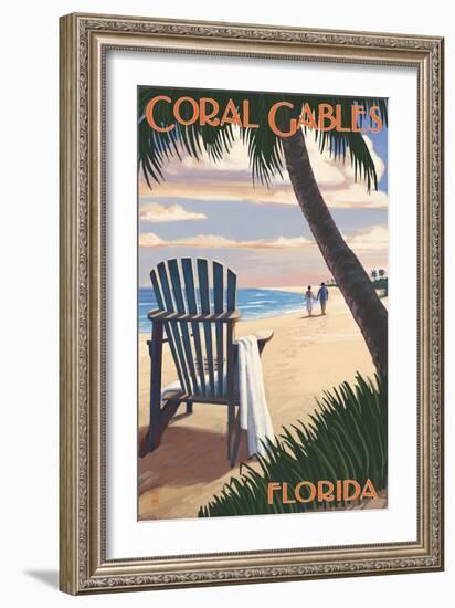 Coral Gables, Florida - Adirondack Chair on the Beach-Lantern Press-Framed Art Print