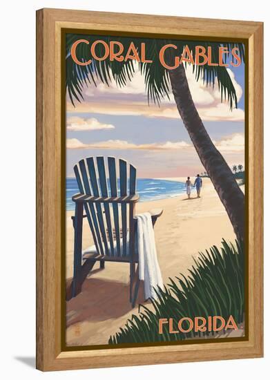 Coral Gables, Florida - Adirondack Chair on the Beach-Lantern Press-Framed Stretched Canvas