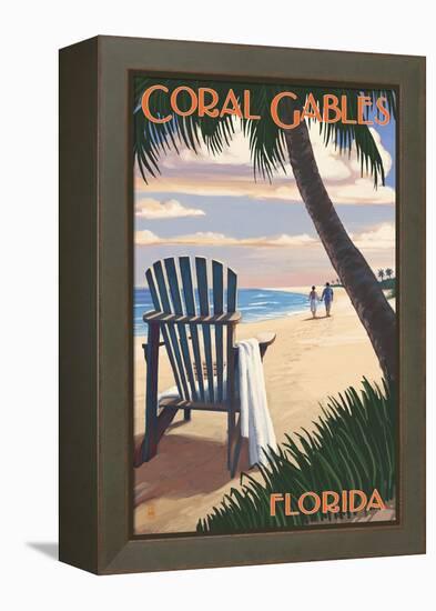 Coral Gables, Florida - Adirondack Chair on the Beach-Lantern Press-Framed Stretched Canvas