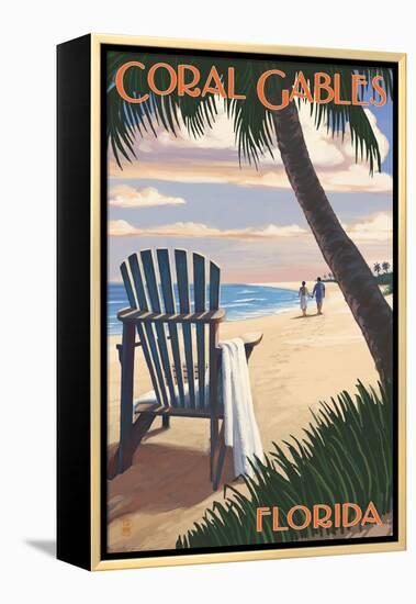 Coral Gables, Florida - Adirondack Chair on the Beach-Lantern Press-Framed Stretched Canvas