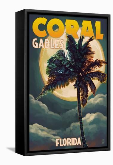 Coral Gables, Florida - Palms and Moon-Lantern Press-Framed Stretched Canvas