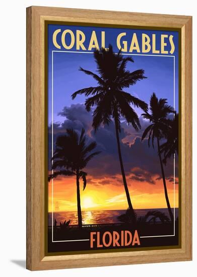 Coral Gables, Florida - Palms and Sunset-Lantern Press-Framed Stretched Canvas