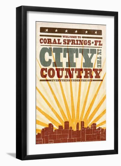 Coral Springs, Florida - Skyline and Sunburst Screenprint Style-Lantern Press-Framed Art Print
